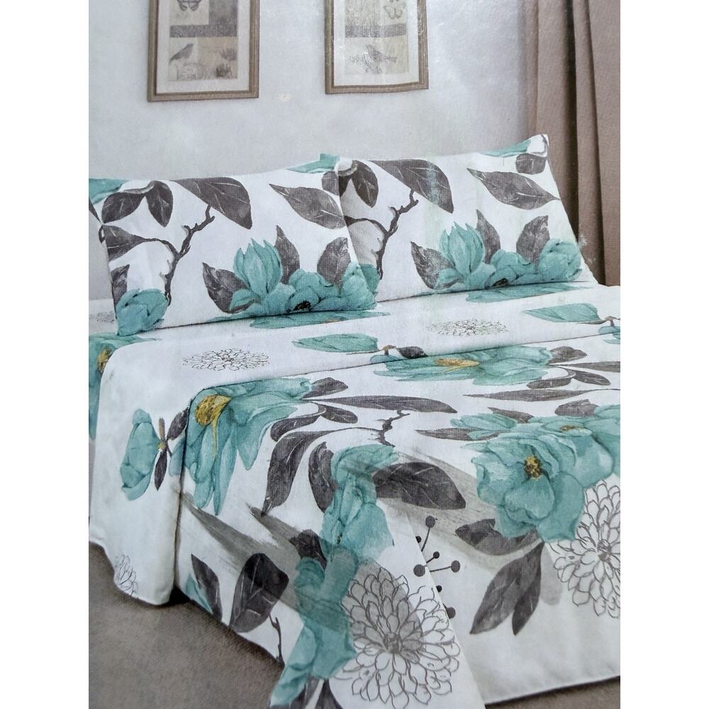 Organic Cotton Sheets Set, Queen Size 4 Piece In Beautiful Floral Teal And White